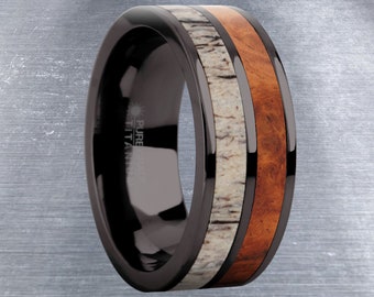 Palissander Burl, Herten Gewei Inleg Gunmetal Titanium Trouwring