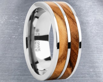 Genuine Olive Wood Twin Inlay Titanium Wedding Ring for Men