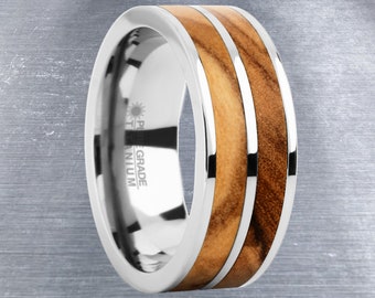 Genuine Olive Wood Twin Inlay Titanium Anillo de Boda para Hombres