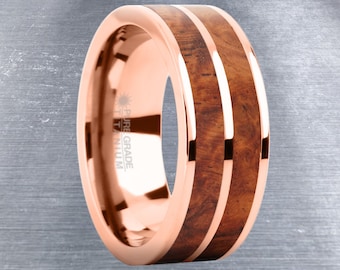 Elegante Palissander Burl Hout Inleg Rose Goud Titanium Trouwring