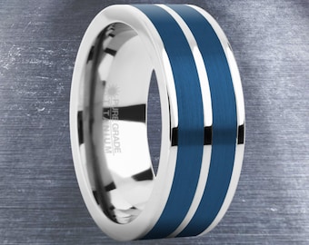 Brushed Blue Tungsten Carbide Inlay Silver Titanium Wedding Ring