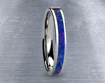 Deep Midnight Blue Opal Inlay Pink Flake Tungsten Wedding Ring