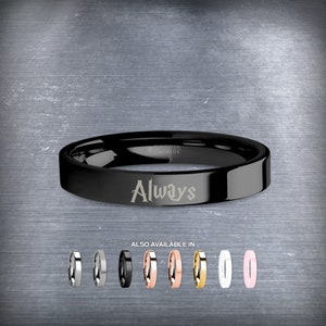 Wizard Font &quot;Always&quot; Laser Engraved Black Tungsten Wedding Band