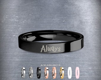 Wizard Font "Always" Laser Engraved Black Tungsten Wedding Band