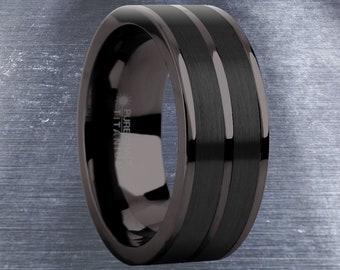 Gunmetal Gray Titanium Wedding Band with Black Ceramic Inlay