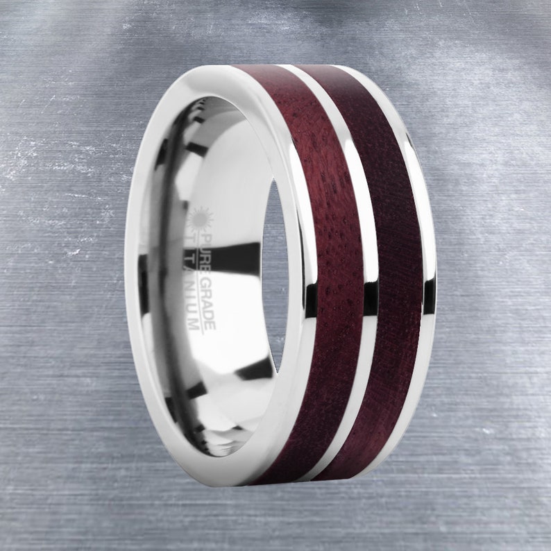 Deep Purpleheart Wood Inlay Silver Titanium Wedding Ring