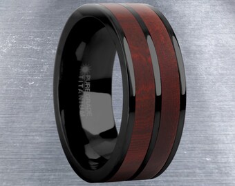 Dark Red Sandalwood Wood Inlay Black Titanium Wedding Ring