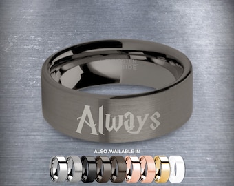 Wizard Lettertype "Altijd" Gegraveerd Gunmetal Tungsten Ring, Geborsteld