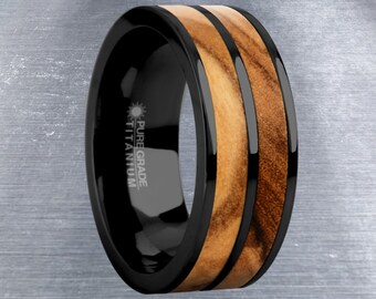 Exotic Olive Wood Twin Inlay Black Titanium Wedding Ring for Men