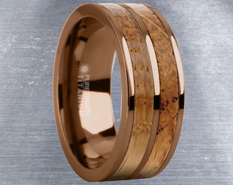 Real Whiskey Barrel Wood Twin Inlay Brown Titanium Wedding Ring