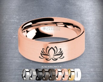 Lotus Flower Zen Laser Engraved Rose Gold Tungsten Ring, Brushed