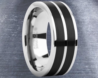 Brushed Black Ceramic Inlay Titanium Wedding Band for Men, Women