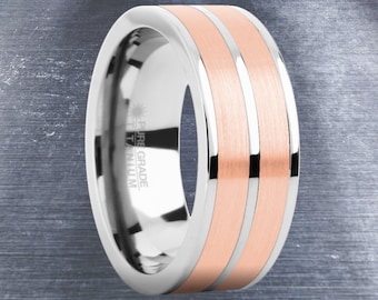 Brushed Rose Gold Tungsten Carbide Inlay Silver Titanium Wedding Ring