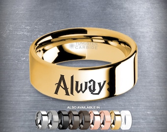 Wizard Font "Always" Laser Engraved Yellow Gold Tungsten Ring