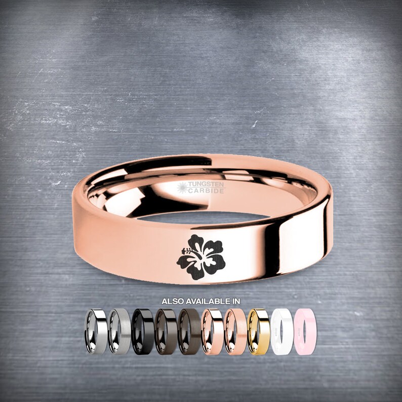 Polished Hawaii Hibiscus Flower Rose Gold Tungsten Wedding Band