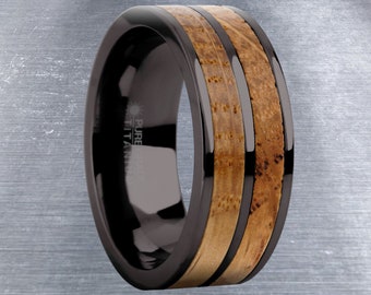 Whiskey Barrel Oak Wood Inlay Gunmetal Gray Titanium Wedding Band