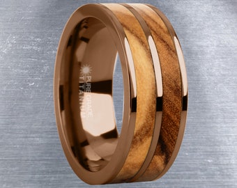 Echte olijfhouten twin inleg bruin titanium trouwring voor mannen