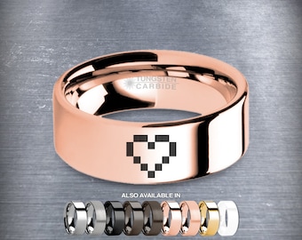 Geeky Trouwring 8-Bit Pixel Gamer Hart in Rose Gold Tungsten