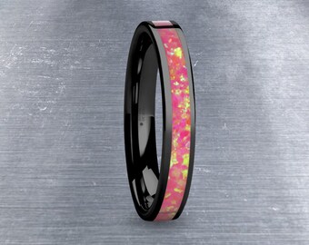 Lush Hot Pink Opal Inlay Black Ceramic Wedding Band for Women
