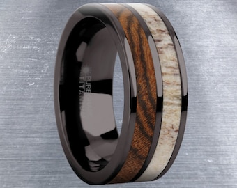 Exotische Bocote Hout Gewei Inleg Gunmetal Titanium Trouwring