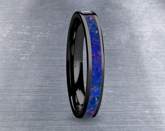 Dark Blue Pink Flake Opal Inlay Black Ceramic Wedding Ring