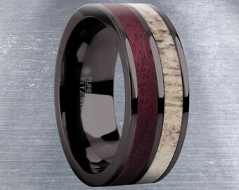 Purpleheart Wood Deer Antler Inlay Gunmetal Titanium Trouwring