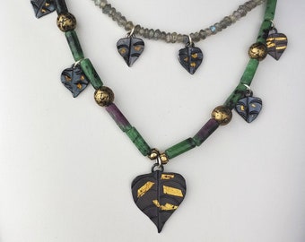 Specially Designed Gold on Argentium Bodhi Leaf, Ruby Zoisite and Labradorite Double Strand Necklace. Custom Design. Free Shipment.