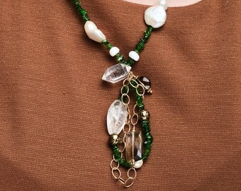 Free-spirited Necklace. Striking Green Diopside. Large Baroque Form Pearls and Herkimer Diamond. Unique.