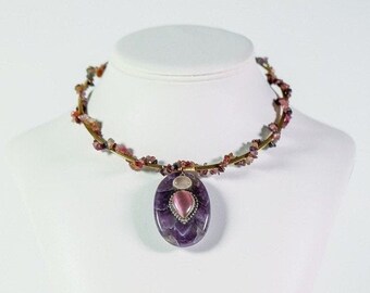 Brilliant Hues of Amethyst, Rose Quartz, Tourmaline Gilt Brass Neck Ring Choker Necklace.Only One. Free Shipping.