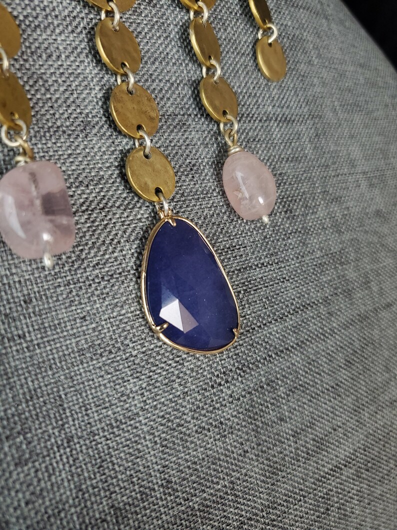 Happily out of order gold plated pewter, rose quartz and lapis gleaming from sterling silver choker.Only one. image 5