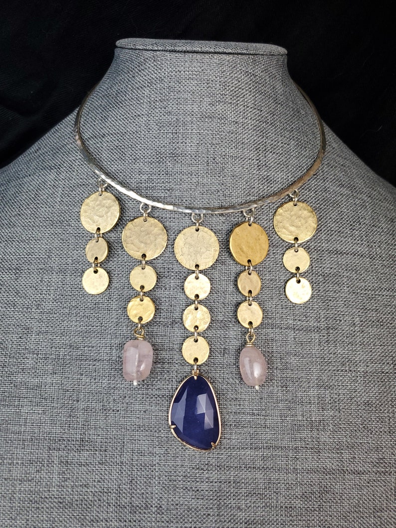 Happily out of order gold plated pewter, rose quartz and lapis gleaming from sterling silver choker.Only one. image 1