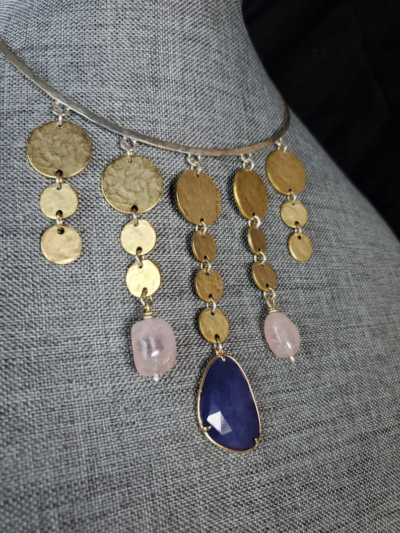 Happily out of order gold plated pewter, rose quartz and lapis gleaming from sterling silver choker.Only one. image 3