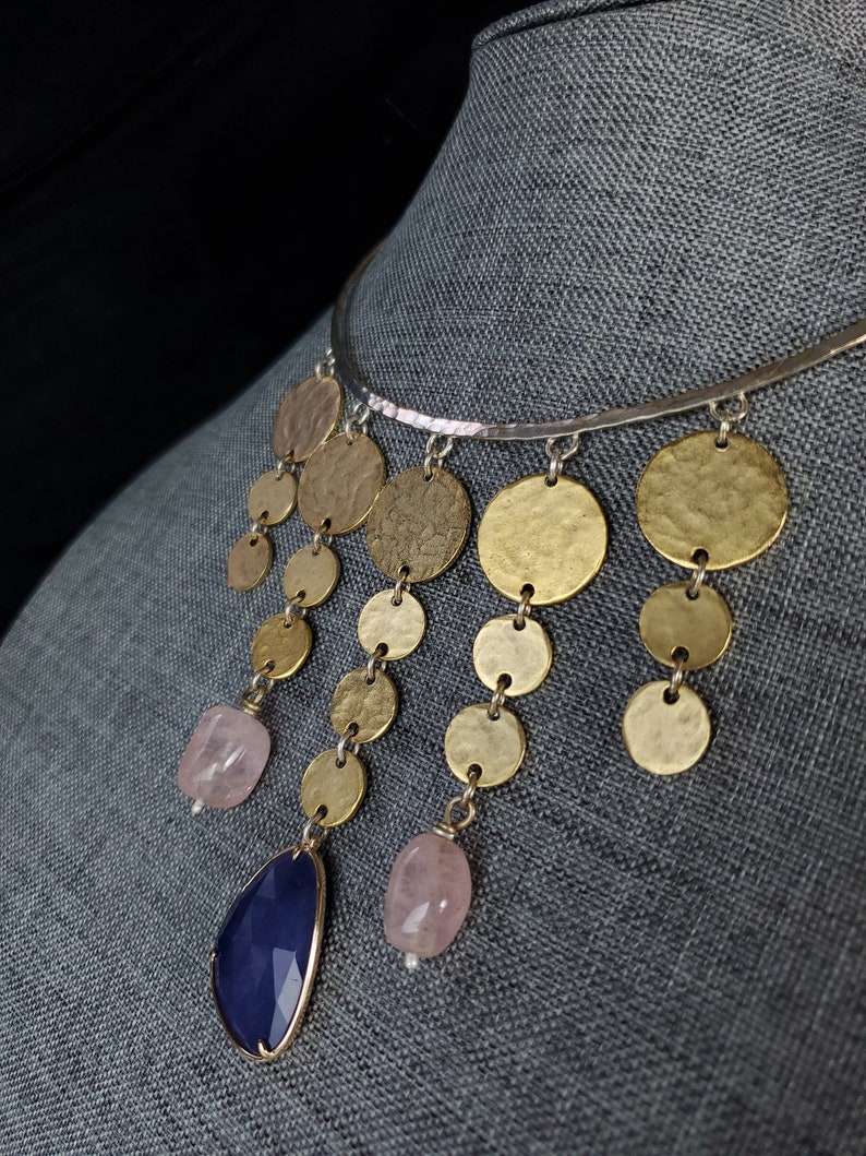 Happily out of order gold plated pewter, rose quartz and lapis gleaming from sterling silver choker.Only one. image 2