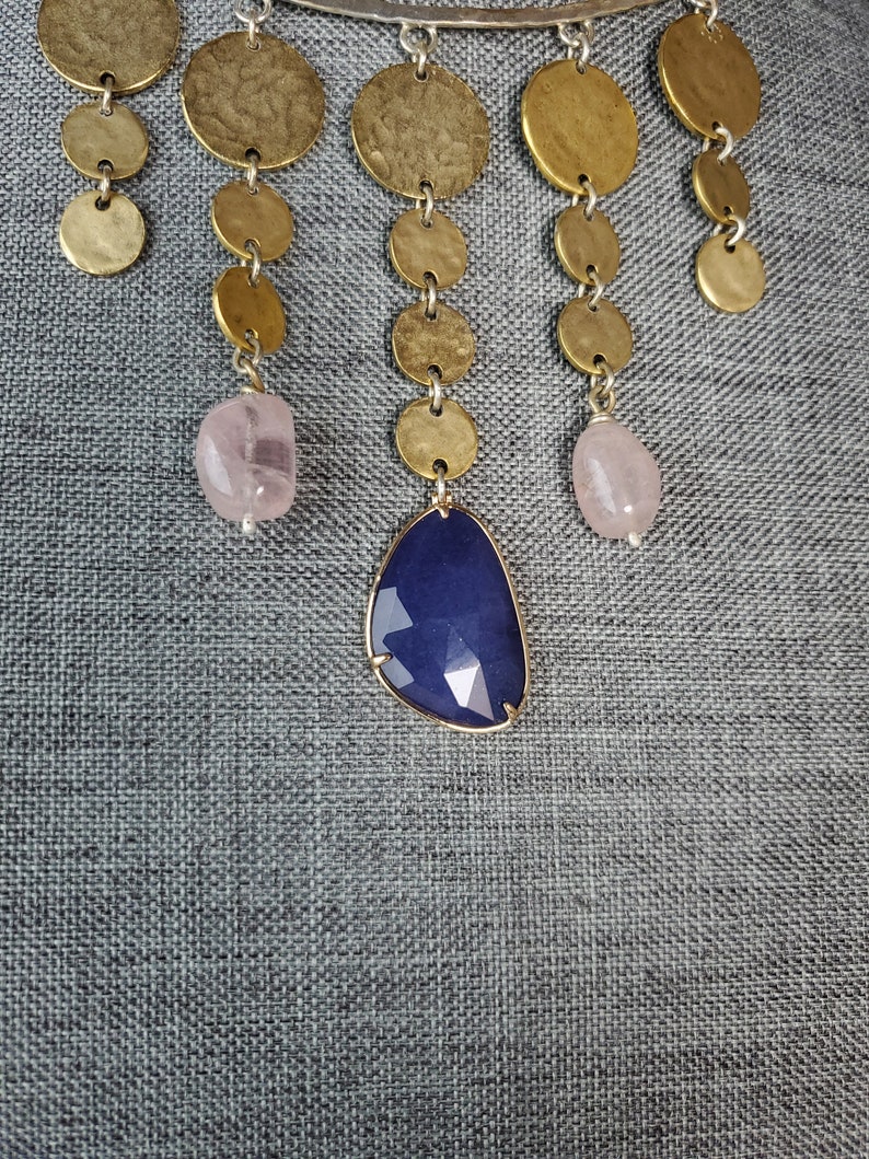 Happily out of order gold plated pewter, rose quartz and lapis gleaming from sterling silver choker.Only one. image 4