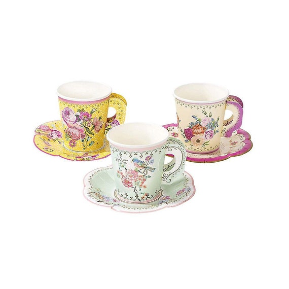 Teacups and Saucers 12pc Vintage Floral Style Paper Cups Tea Party Cups Vintage Tea Party birthday Shabby Chic Baby Shower or Bridal Shower Il_570xn