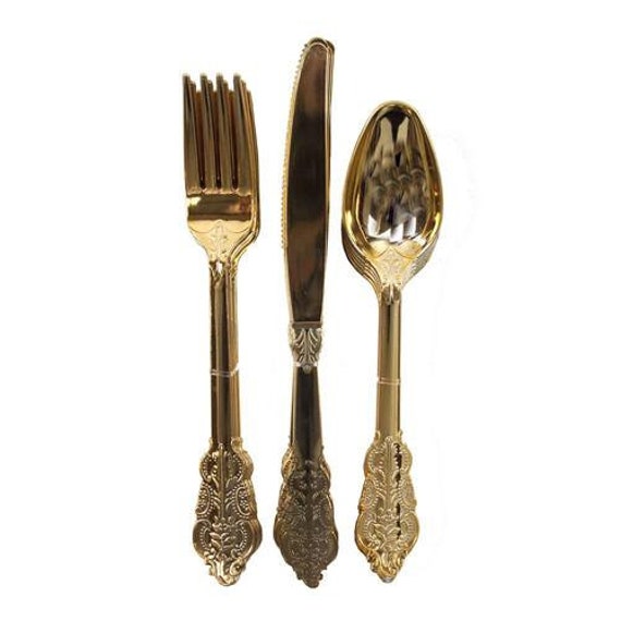 Fancy Gold Cutlery Baroque Plastic Utensils Tea Party gold Utensils Bridal Shower Gold Cutlery Baby Shower Utensils Il_570xn
