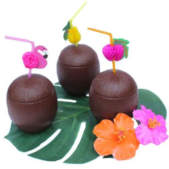 COCONUT tumbler CUPS with lids, 6 per pack, Summer Party, Tutti Frutti Party, Luau Party, Fruit Party Supplies Il_570xn
