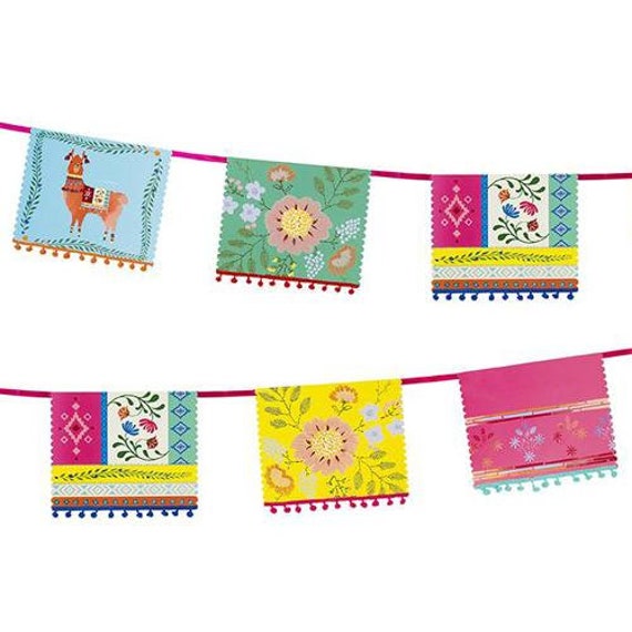 Boho Fiesta Banner with Llama and Floral Design 13 Feet Long Perfect For a Llama Party or Fiesta Party Pom Pom details Il_570xn