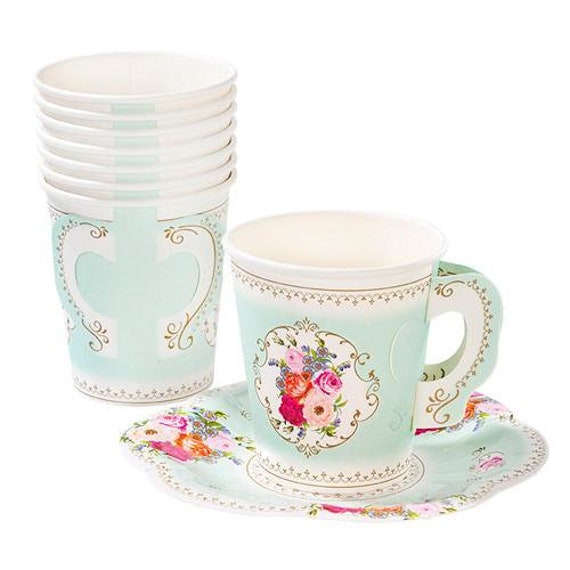 Teacups with Saucers 12pc Vintage Floral Style Paper Cups Tea Party Cups Vintage Tea Party birthday Baby Shower and Bridal Shower tea party Il_570xn