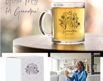 Personalized GLASS MUG for New Grandma | Grandmother Established 2023 | Coffee Mug | Tea Cup | Custom Baby Shower Gift for Grandmom