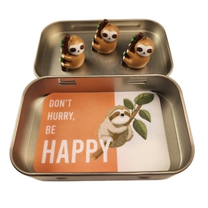 May include: A small, open metal tin containing three brown sloth figurines perched on branches. The tin also holds a card with a sloth illustration and the words "DON'T HURRY, BE HAPPY" in white and orange.