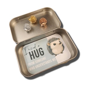 May include: A tin box with a hedgehog design and the text "I need a hug from someone who understands me". The box contains three hedgehog-shaped pins in gold, silver, and rose gold.