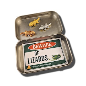 May include: A silver tin with a warning sign that reads "Beware of Lizards! You have been warned."  The tin contains three small lizard figurines, two gold and one silver.