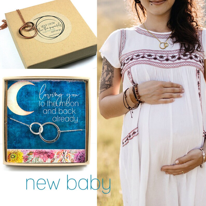 Pregnancy Necklace \u2022 New Mom Gift \u2022 Connecting Circles \u2022 To The Moon and Back \u2022 New Mother Gift Card \u2022 Expecting Baby \u2022 New Mom Jewelry
