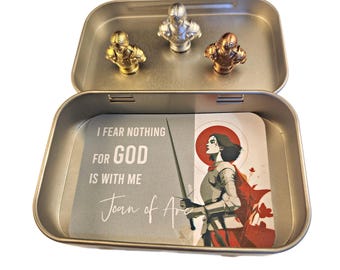 JOAN OF ARC - Hinge Magnets, God is With Me, Metallic Painted Hinge Sitters