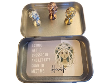 HEKATE Hinge Heads – Hekate Goddess Set of 3 Resin Miniatures (Silver, Gold, Bronze)