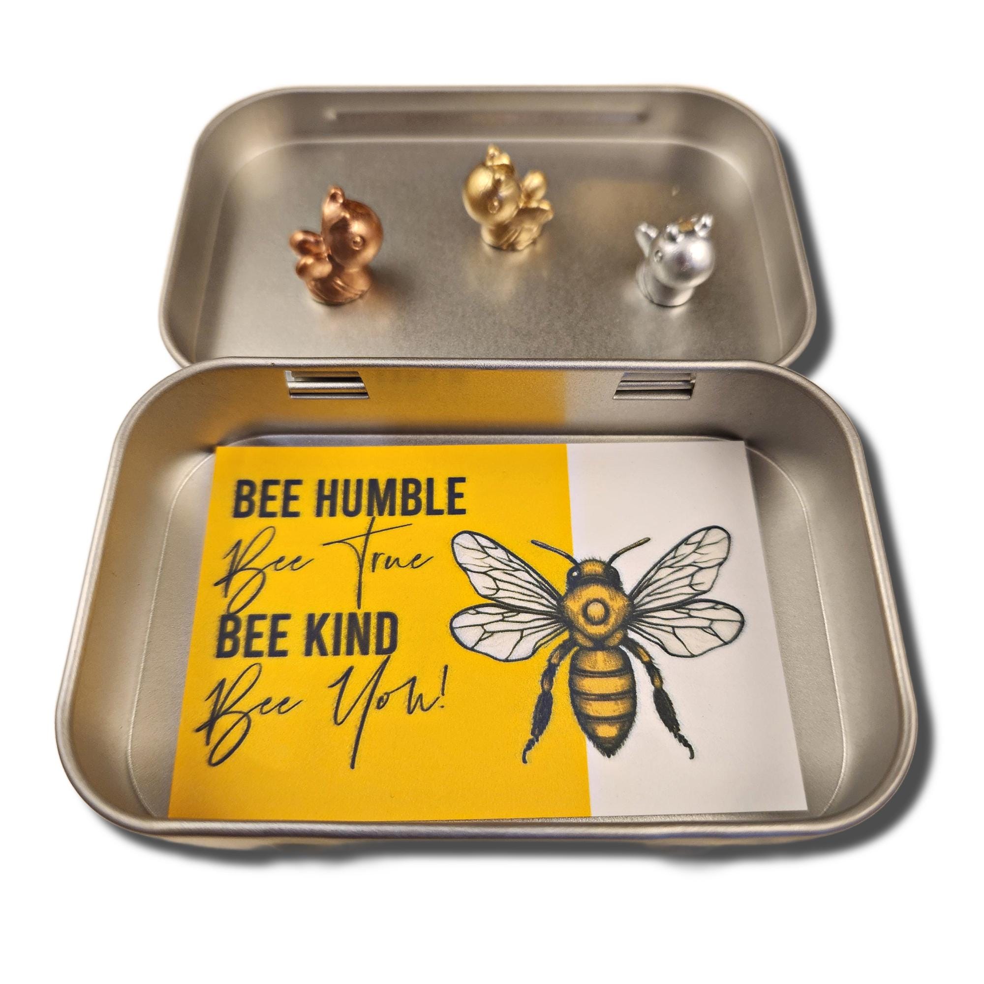BEES - Three Hinge Head Decorative Toppers, Magnetic Door Hinge Decor, Unique Bee Gift for Home Decor, BEE Gift in Gift Tin, Doorhinge Bees