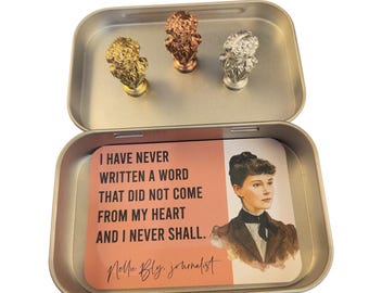 NELLY BLY Hinge Sitters – Metallic Resin Journalist Figures Set of 3, Home Decor Magnet Set, Writer Gift