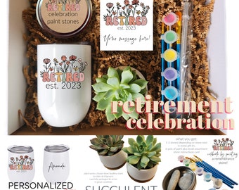 Retirement Gift Box for Her | Custom Retirement Gift - Personalized Tumbler, Succulent Plant, Celebration Stone Paint Set, and Gift Card