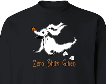 May include: Black sweatshirt with a white cartoon dog and the text "Zero Shits Given" in orange.